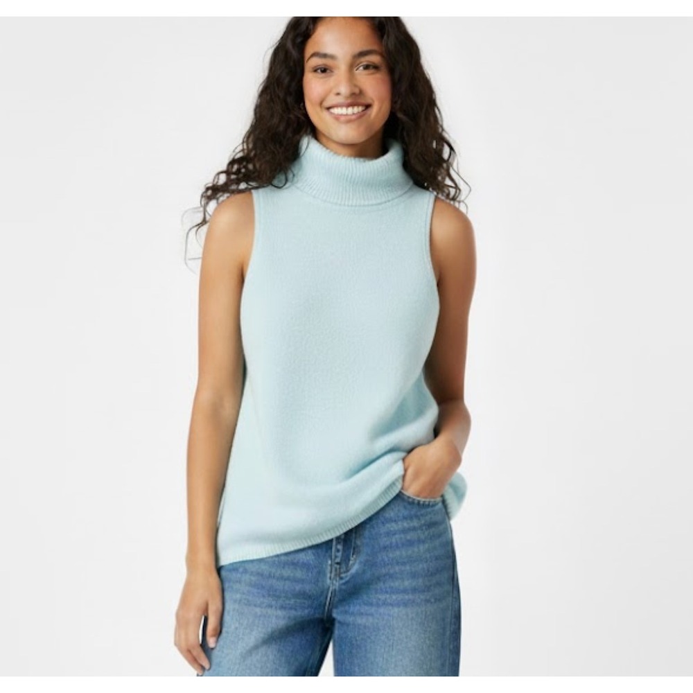 100%.Cashmere Sleeveless Turtleneck Sweater Tank - Light Blue Large